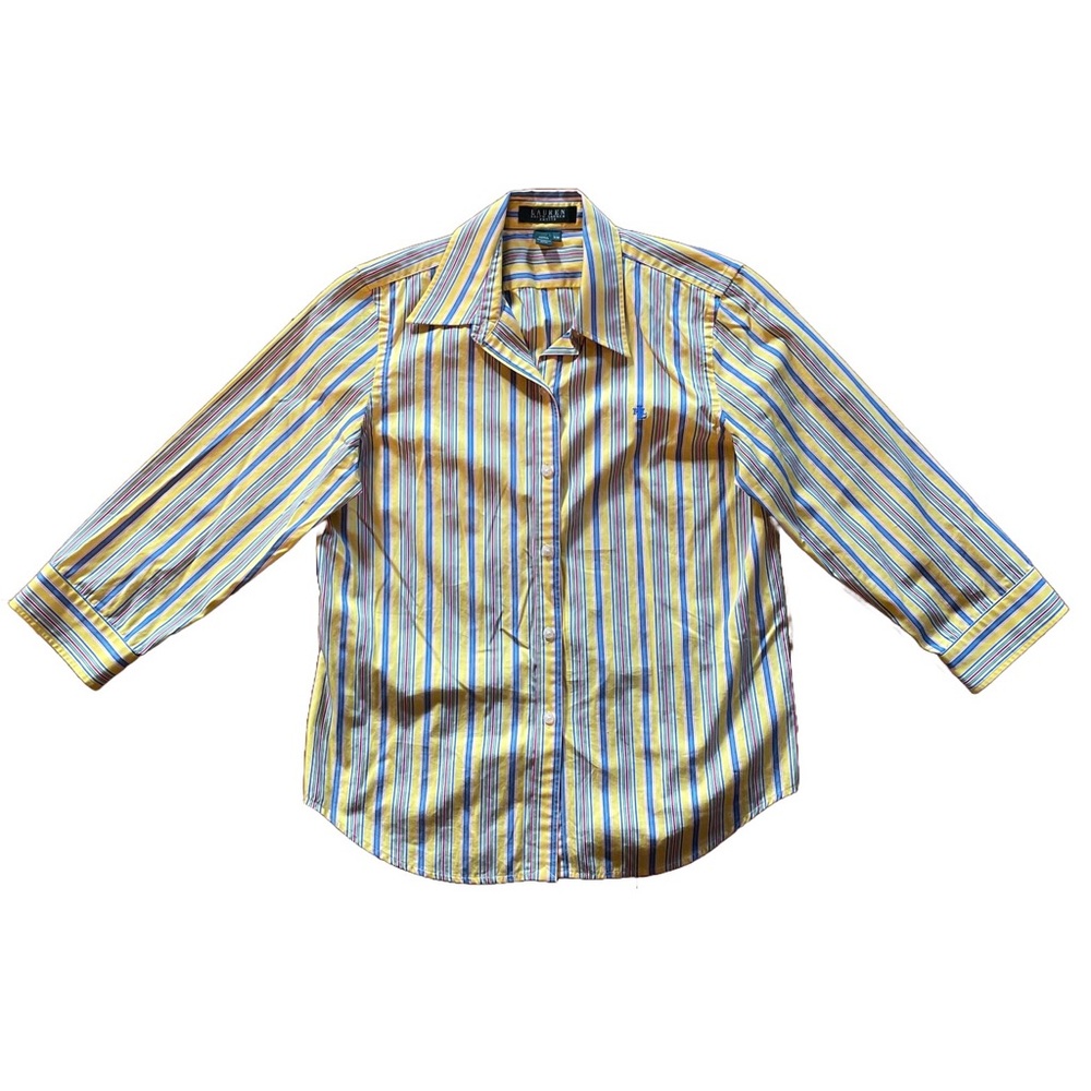 RALPH LAUREN Yellow Striped Button Down Shirt 3/4 Sleeve Petite Medium